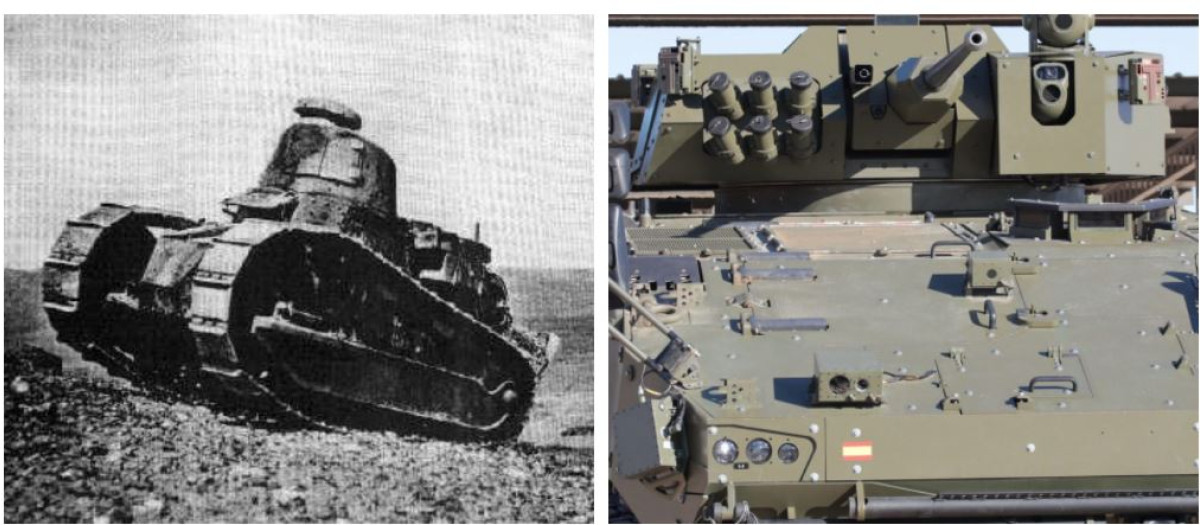 El Renault FT-17 Izquierda) y el 8x8 Dragón. Cien años separan ambas imágenes