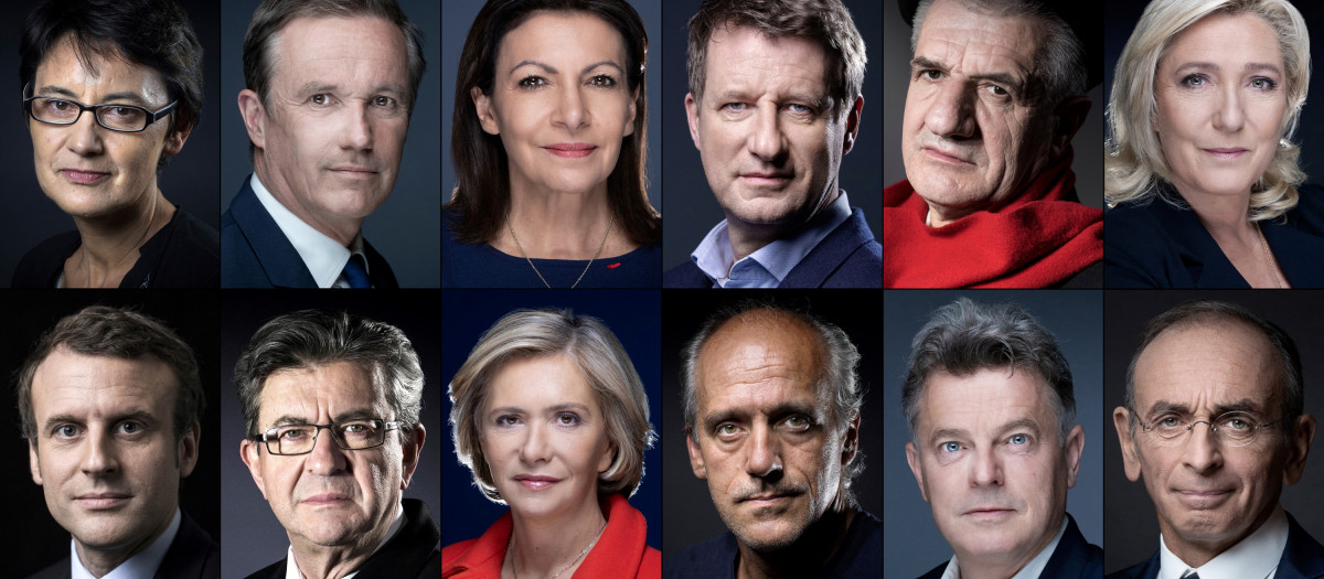 (FILES) This combination of file photographs created on March 7, 2022, shows, in alphabetical order, French presidential candidates (Top, L-R) LO spokesperson Nathalie Arthaud of "Lutte ouvriere" (LO); French Member of Parliament Nicolas Dupont-Aignan of "Debout la France" (DLF); Paris Mayor Anne Hidalgo of the "Socialist Party" (PS); Member of European Parliament Yannick Jadot of "Europe Ecology  Les Verts" (EELV); French Member of Parliament Jean Lassalle of "Resistons !"; French Member of Parliament Marine Le Pen of "Rassemblement National" (RN); (bottom, L-R) French President Emmanuel Macron of "La Republique en Marche (LREM); French Member of Parliament Jean-Luc Melenchon of "La France Insoumise" (LFI); Ile-de-France Regional Council President Valerie Pecresse of "Les Republicains"; Bordeaux Municipal and Metropolitan area Council member Philippe Poutou of the "Nouveau Parti Anticapitaliste" (NPA); PCF National Secretary and French Member of Parliament Fabien Roussel of the "French Communist Party" (PCF); and Reconquete! party leader Eric Zemmour of "Reconquete!". - French voters head to the polls on April 10, 2022 for a presidential election. (Photo by Joël SAGET and Eric Feferberg / AFP)