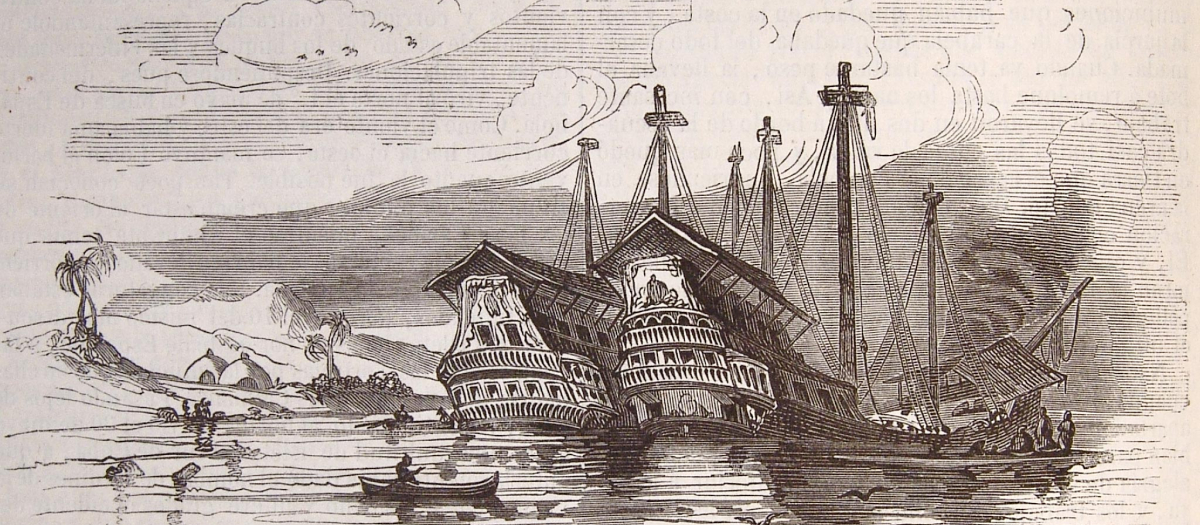 Barcos de Colón, maltrechos a causa del molusco de la broma, encallados en la costa de Jamaica en el año 1503