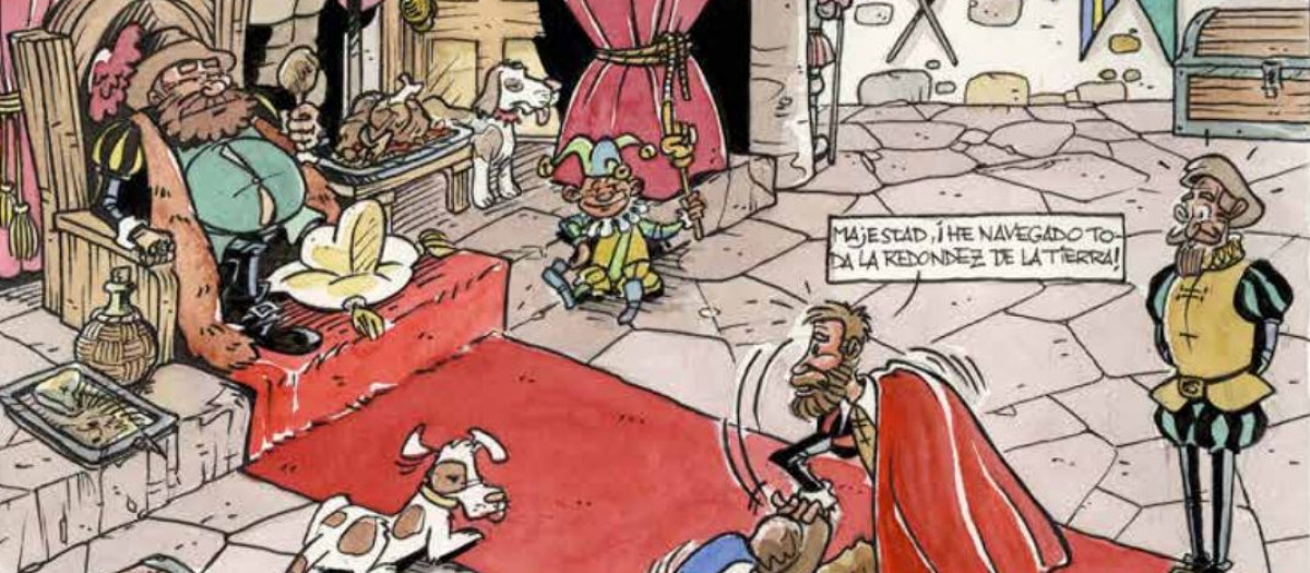 Escena del cómic dedicado a Juan Sebastián Elcano, donde el monarca no queda en buen lugar