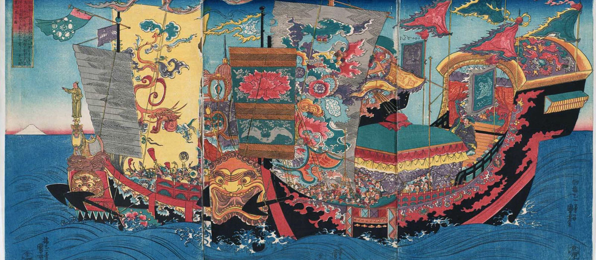 La expedición de Xu Fu que en 219 a. C. partió en busca del elixir de la vida por orden de Qin Shi Huang. Pintura japonesa del siglo XIX