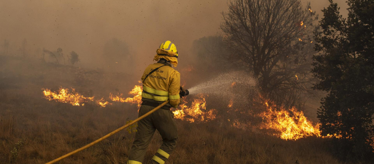 Efectivos de bomberos durante el incendio de la Sierra de la Culebra, a 18 de junio de 2022, en Zamora