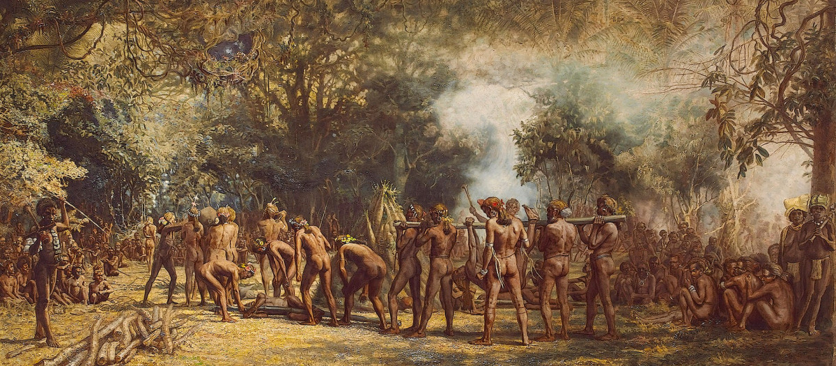 Una fiesta caníbal en Tanna. Charles E. Gordon Frazer, 1885.