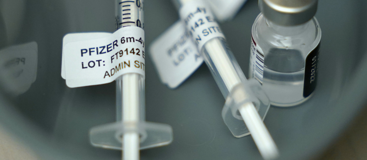 Syringes with Pfizer COVID 19 vaccine shots for children aged 6 months to 4 years old are shown, Tuesday, June 21, 2022, at a University of Washington Medical Center clinic in Seattle.