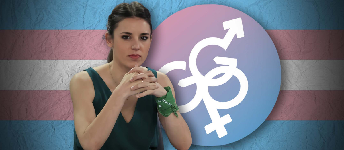 Irene Montero junto al logo de Gender GP, la clínica sancionada en Reino Unido por mala praxis