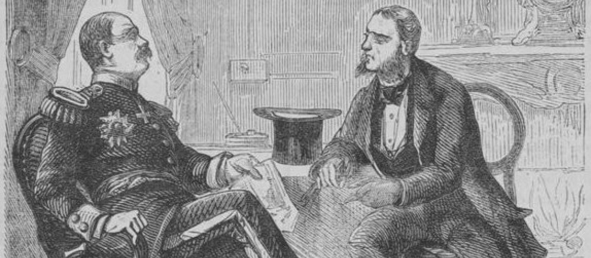 Entrevista entre Bismarck y Régnier (grabado de Cardon según H. Riballier, 1873)