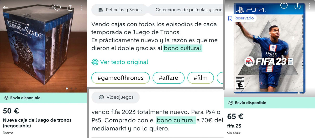 Capturas de varios anuncios con productos adquiridos con el bono cultural en venta