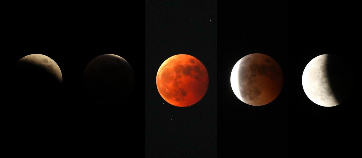 Una imagen compuesta muestra un eclipse lunar total, en el que la luna está completamente cubierta por la sombra de la Tierra, vista desde la ciudad suroccidental de Gwangju, Corea del Sur.