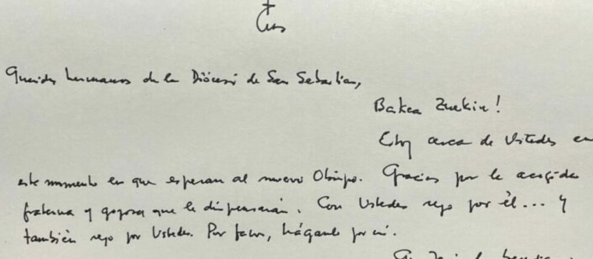 El Papa Francisco ha escrito personalmente a la Iglesia donostiarra una carta para agradecer la acogida de su nuevo obispo