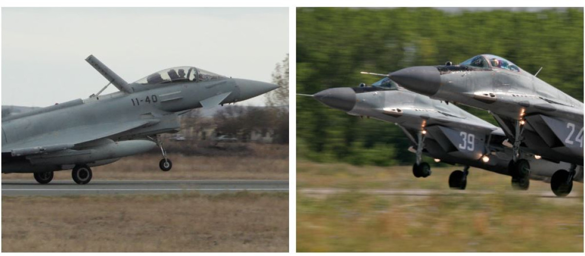 Un Eurofighter y dos Mig-29 que participan en misión de policía aérea con la OTAN en Bulgaria