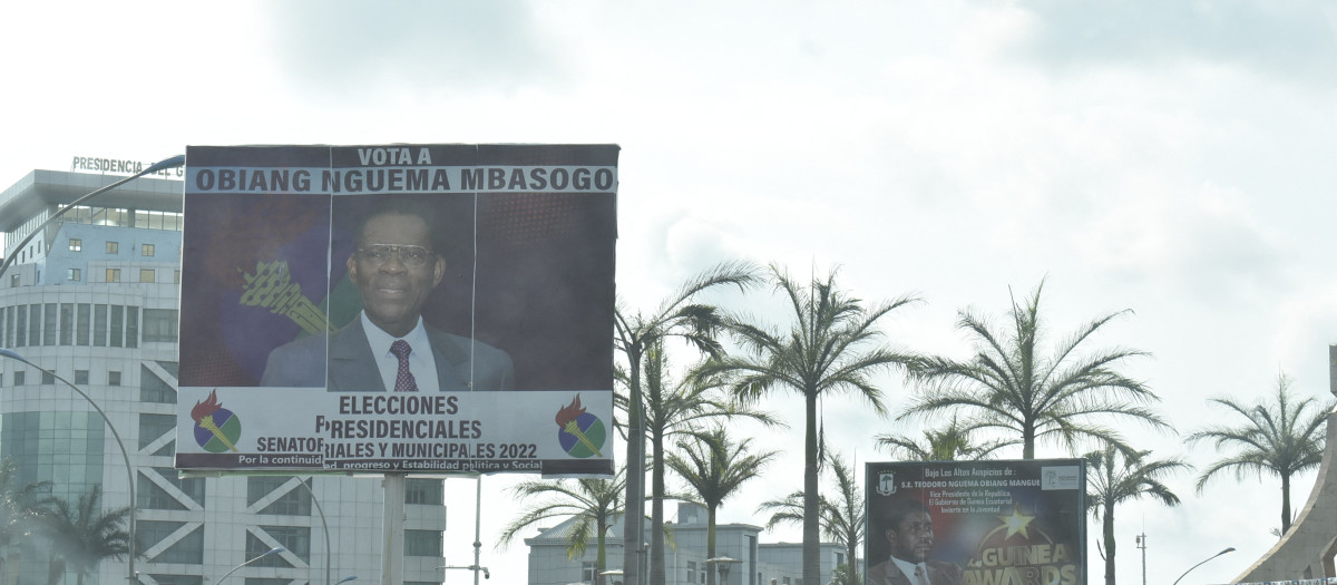 A general view of a campaign billboard for Equatorial Guinea President, Teodoro Obiang Nguema Mbasogo, in Malabo on November 17, 2022. - Equatorial Guinea's iron-fisted president, Teodoro Obiang Nguema Mbasogo, is eyeing a sixth term in office in elections on November 20, 2022, extending a world-record 43 years in power.
Obiang, 80, seized power in August 1979, toppling his uncle, Francisco Macias Ngueme, who was then executed by firing squad. (Photo by Samuel OBIANG / AFP)