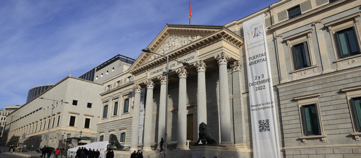 Vista de la Puerta de los Leones del Congreso de los Diputados en Madrid