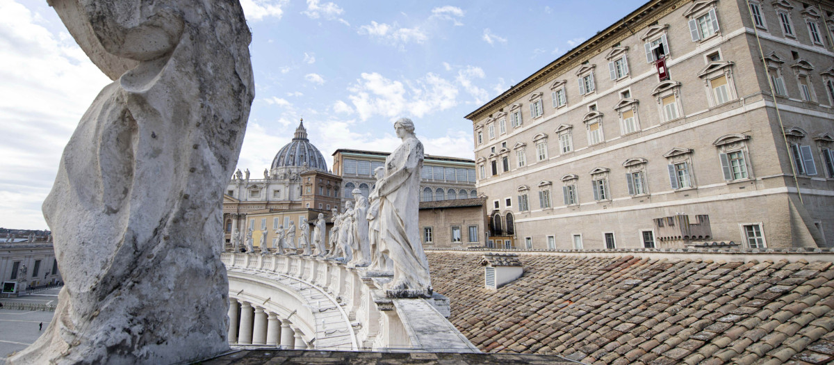 Pope Francis delivers his Angelus prayer from the window of his study overlooking St.Peter s Square at the Vatican on February 27, 2022.