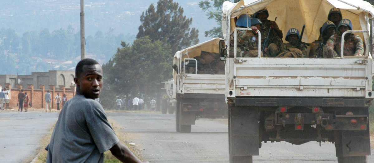 (FILES) In this file photo taken on May 29, 2004 Soldiers of the UN mission in the Democratic Republic of Congo (MONUC) patrol the streets of Bukavu. (Photo by AFP)