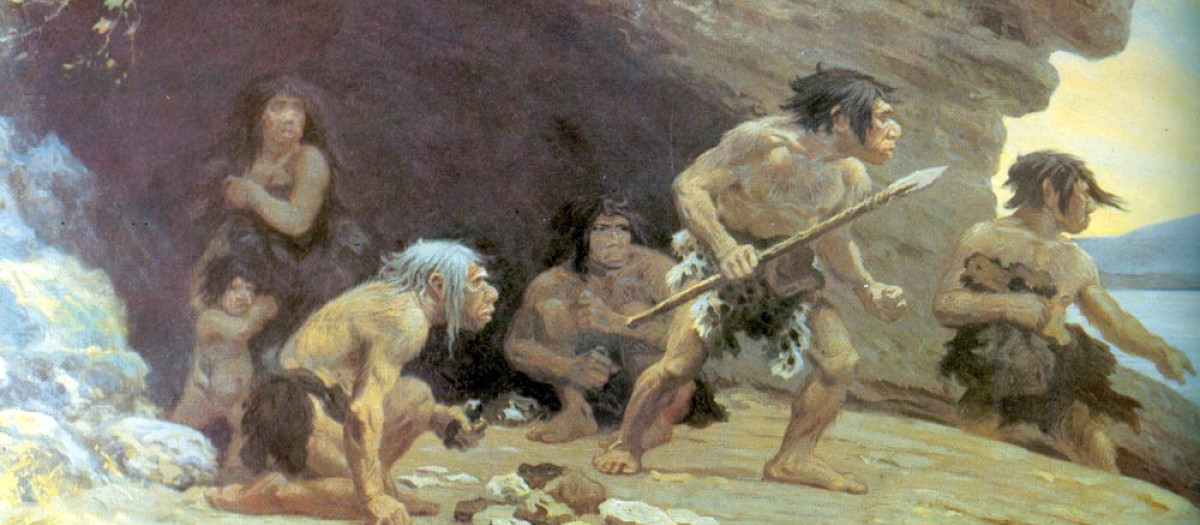 Reconstrucción artística de 1920 de neandertales de Le Moustier