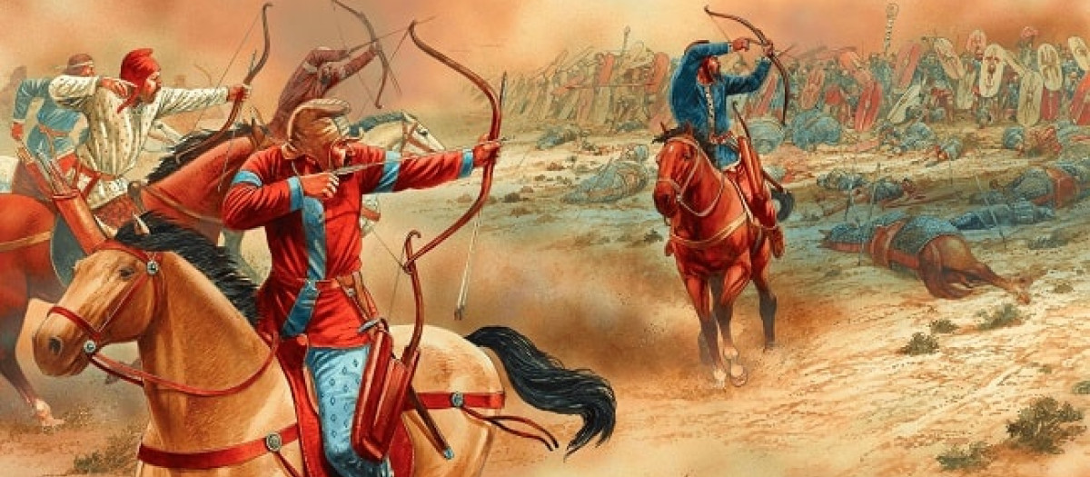Ilustración de Peter Dennis que representa a jinetes arqueros partos en la batalla de Carras