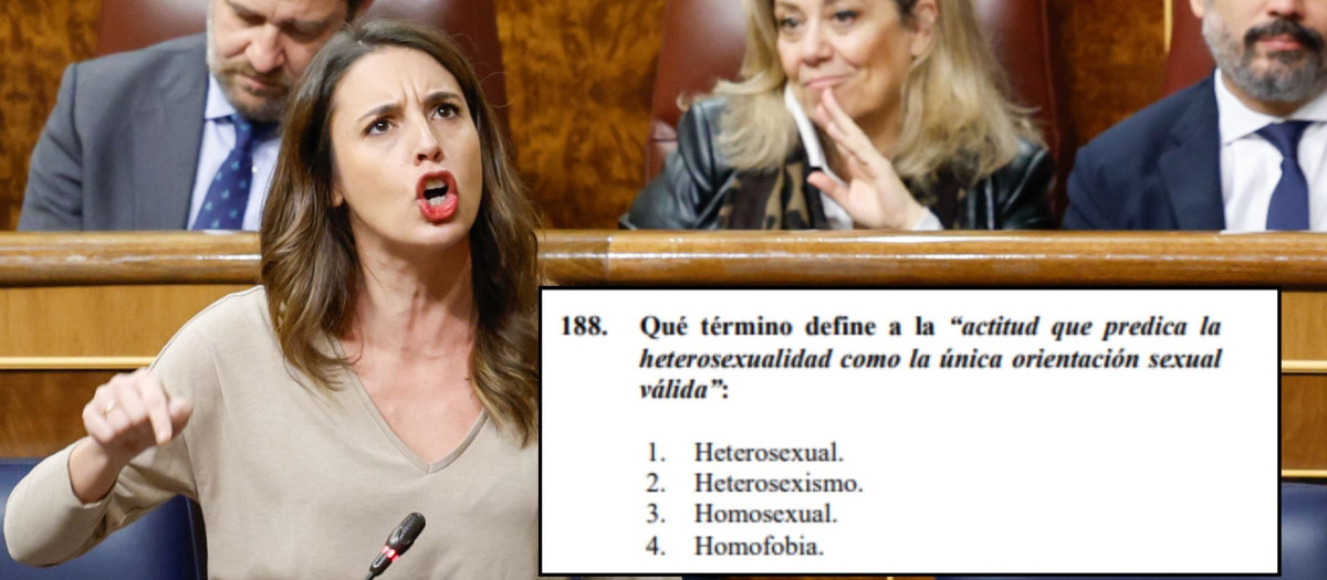 Montaje de Irene Montero con una de las preguntas del examen EIR