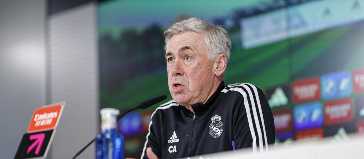 Carlo Ancelotti, en la rueda de prensa de la Ciudad Deportiva de Valdebebas este sábado