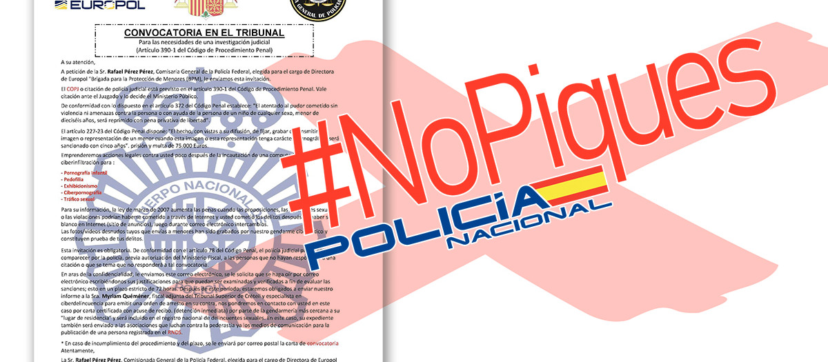 Imagen difundida por la Policía Nacional sobre la estafa en la que suplantan la identidad del cuerpo de seguridad