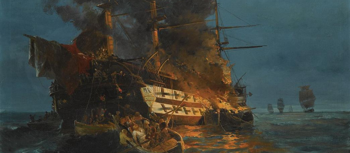 La quema de una fragata turca por Konstantino Volanakis