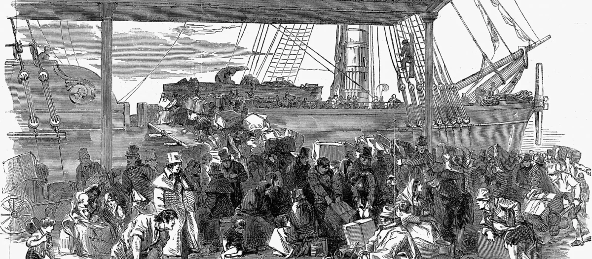 Víctimas de la Gran Hambruna llegando a Liverpool, Inglaterra; ilustración en el Illustrated London News, 6 de julio de 1850.