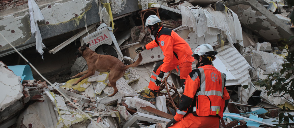 El equipo de rescate de Suiza busca supervivientes en un edificio en ruinas en Hatay, Turquía