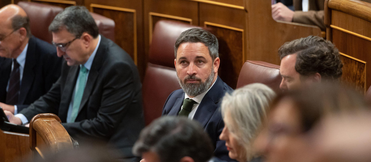 El líder de Vox, Santiago Abascal (c), durante el pleno del Congreso de los Diputados este jueves