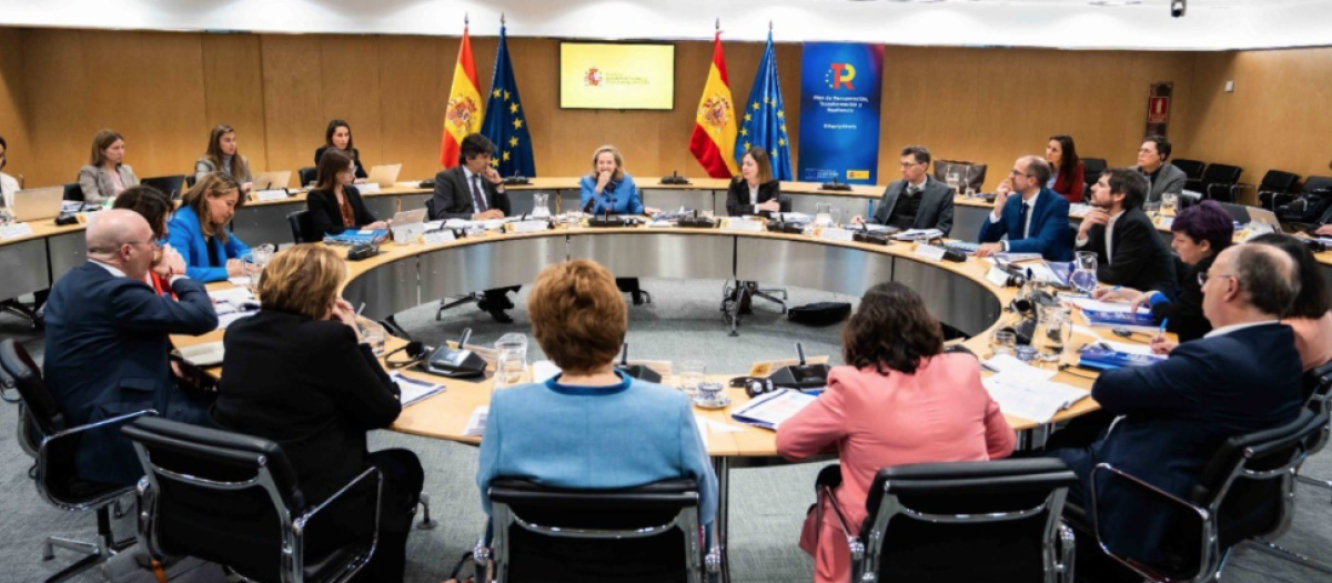 Imagen de la reunión que han mantenido los responsables presupuestarios de la UE con Nadia Calviño