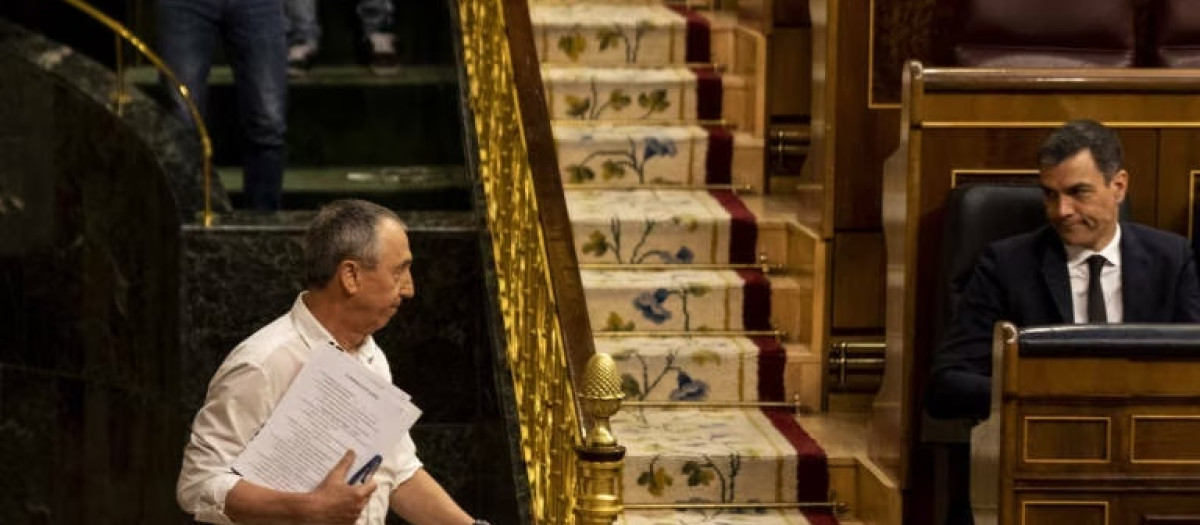 El presidente del Gobierno, Pedro Sánchez, y el diputado de Compromís, Joan Baldoví, en el Congreso.