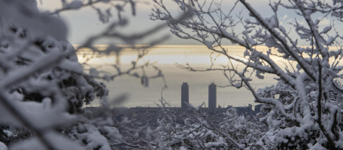 -FOTODELDÍA- GRAFCAT6570. BARCELONA (ESPAÑA), 27/02/2023.-Aspecto del litoral Barcelonés a través de los árboles nevados de la montaña del Tibidabo, este lunes en que la nieve ha hecho presencia en los barrios con cota más elevada de la ciudad. EFE/Marta Pérez.