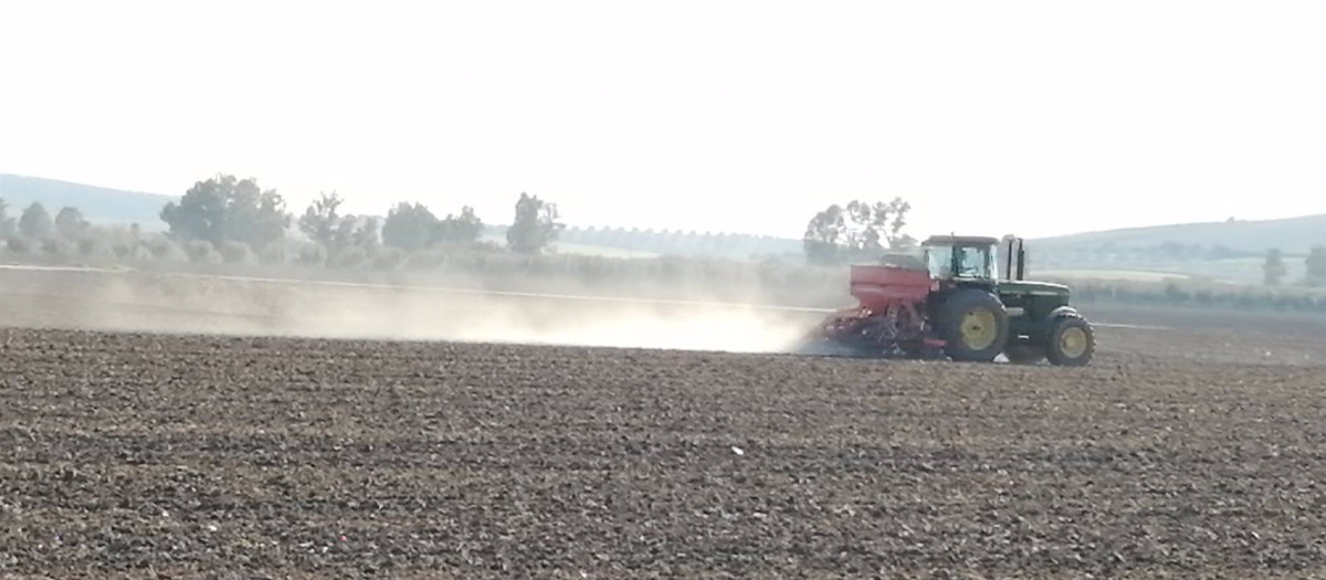 Un agricultor trabaja con su tractor en el campo