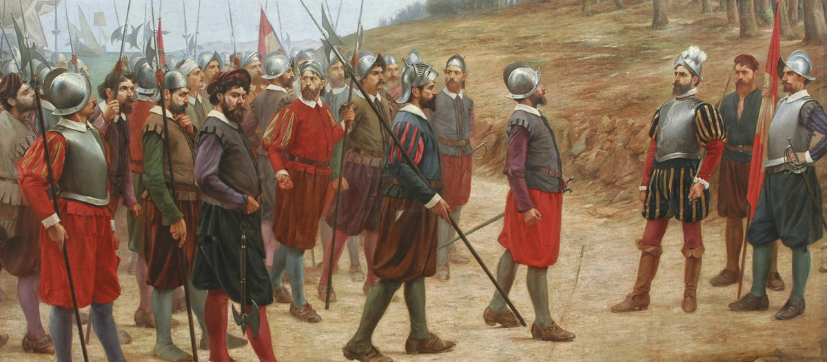 Los 13 de la Isla del Gallo. Óleo de Juan B. Lepiani, que representa a Francisco Pizarro en la isla del Gallo, invitando a sus soldados a cruzar la línea trazada en el suelo