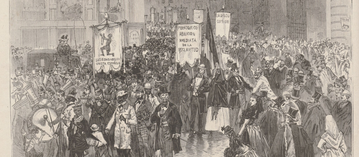 Manifestación en Madrid a favor de la abolición de la esclavitud el 12 de enero de 1873. Dibujo de Vierge a partir de un croquis de Urrabieta publicado en Le Monde Illustré