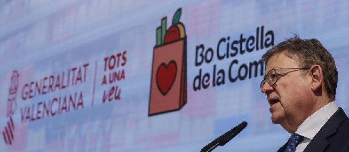 El presidente de la Comunidad Valenciana, Ximo Puig, presentando el “bono cesta de la compra”.