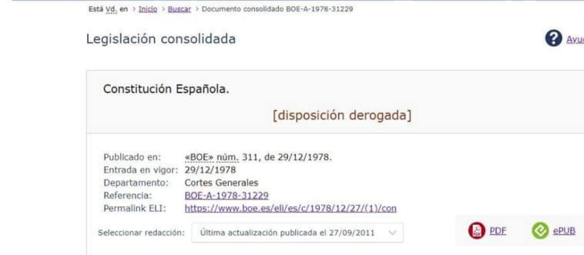 La página web del BOE durante el tiempo en el que se mantuvo el lapsus