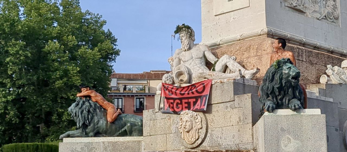 Las activistas en la fuente del Palacio Real