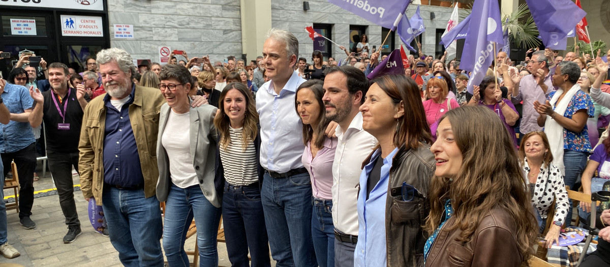 Ione Belarra, Irene Montero y Alberto Garzón, en un mitin de Unidas Podemos en Valencia.