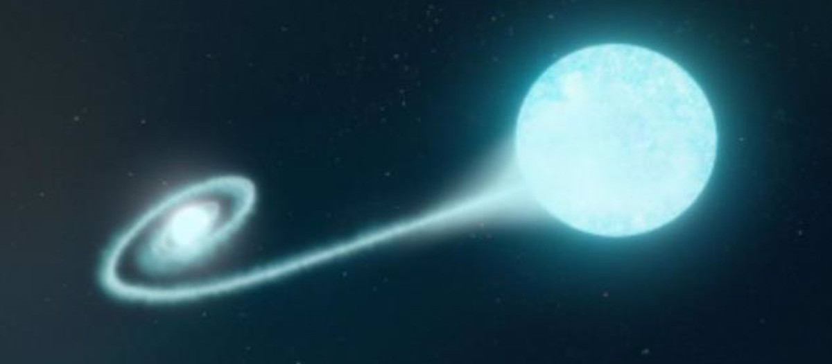Concepción artística del sistema que produjo la supernova, en el que una estrella enana blanca absorbe material de su estrella compañera