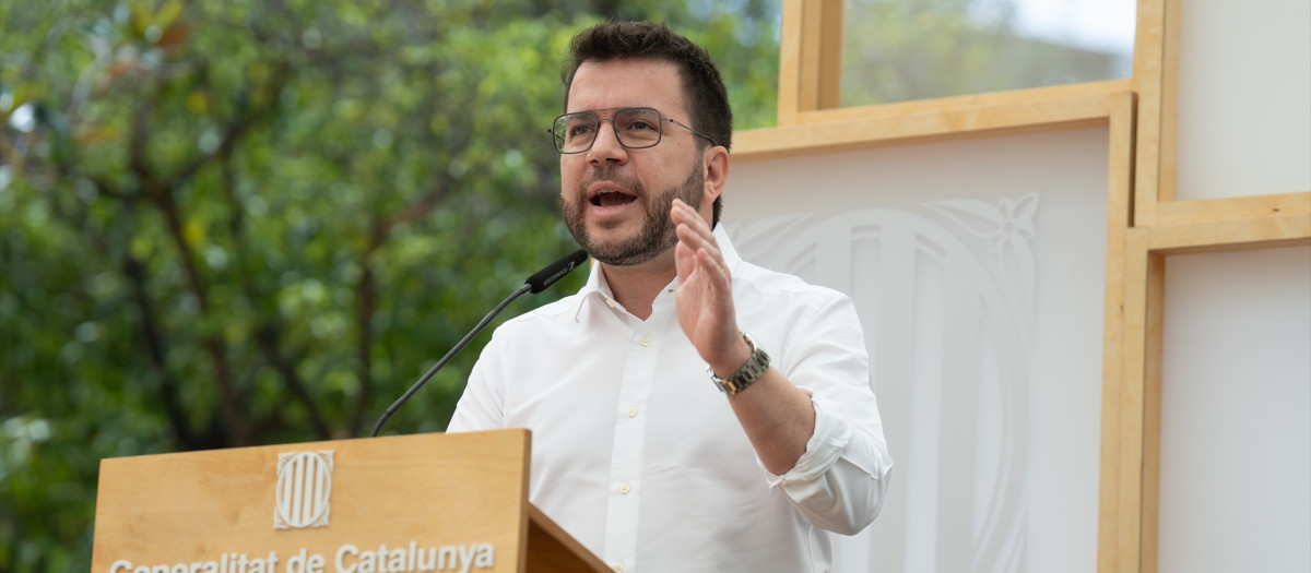 El presidente de la Generalitat de Catalunya, Pere Aragonès, durante una rueda de prensa, este viernes