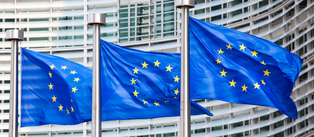 European flags in front of the Berlaymont building, headquarters of the European commission in Brussels.