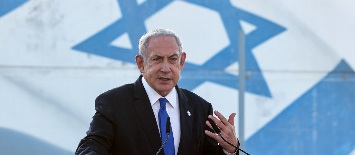 (FILES) Israel's Prime Minister Benjamin Netanyahu delivers a speech during his visit to an Israeli unmanned aerial vehicle (UAV) centre, at the Palmachim Airbase near the city of Rishon LeZion on July 5, 2023. Israeli Prime Minister Benjamin Netanyahu will undergo surgery to implant a pacemaker, his office said in a statement early on July 23, 2023, just days after he was discharged from hospital following a health scare. (Photo by JACK GUEZ / AFP)