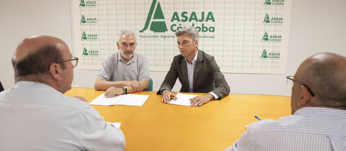 El vicepresidente primero y delegado de Infraestructuras, Sostenibilidad y Agricultura de la Diputación de Córdoba, Andrés Lorite (dcha.), su encuentro con el presidente de Asaja Córdoba, Ignacio Fernández de Mesa