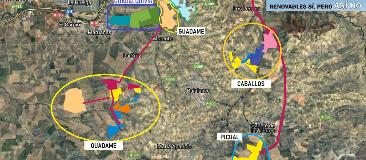 Mapa de situación de las nuevas plantas solares en el Alto Guadalquivir, según la plataforma.