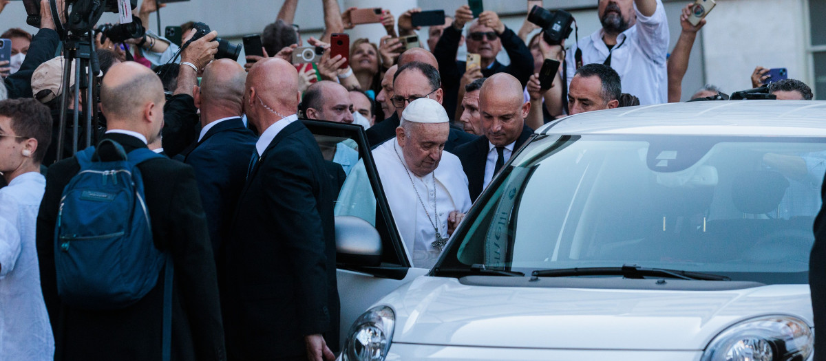 Pope Francis greets people after having been discharged from Gemelli Hospital in Rome, Italy, June 16, 2023.