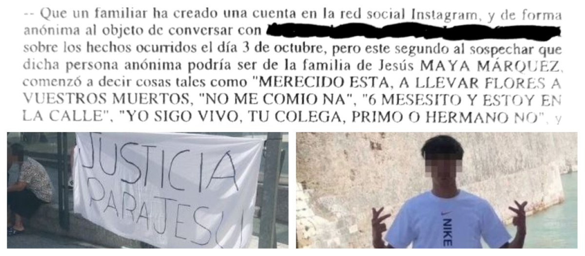 Arriba, texto de uno de los mensajes del presunto asesino de Jesús (abajo, der.), que alardea en redes; a la izquierda, pancarta pidiendo justicia