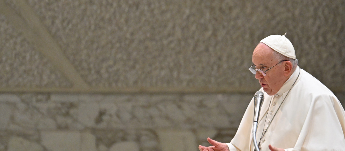 Pope Francis speaks during his weekly general audience at the Paul VI hall in the Vatican, on August 23, 2023. (Photo by Alberto PIZZOLI / AFP)