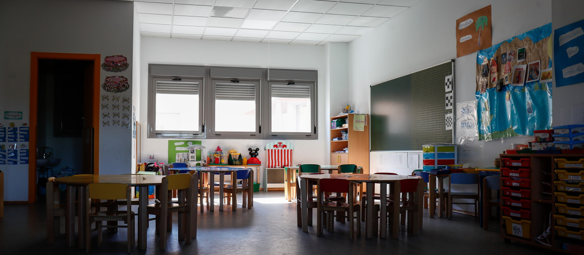 Sillas y mesas vacías de un colegio en Valdemoro (Madrid)