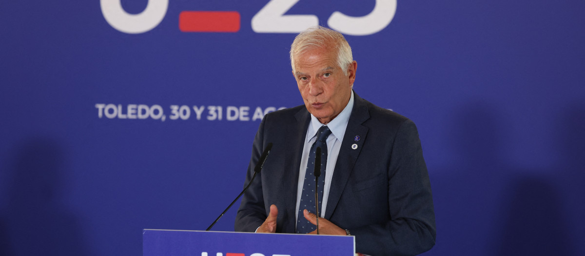 Josep Borrell esta tarde durante la rueda de prensa en Toledo