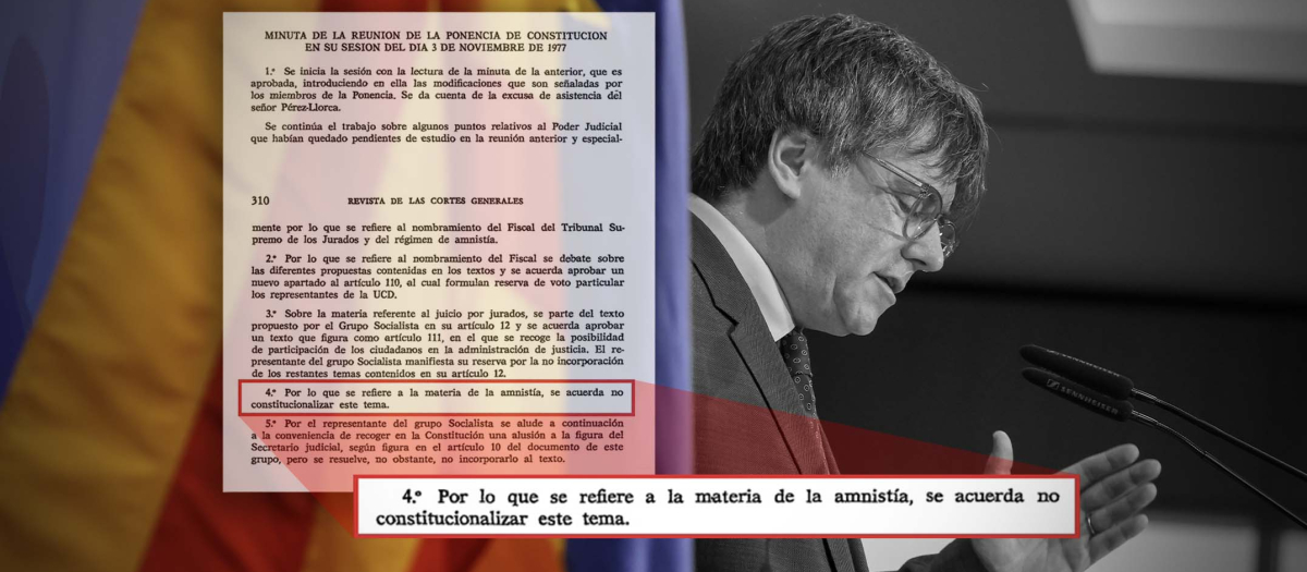 Fotomontaje: Puigdemont y el acta de la reunión de la ponencia constitucional del 3 de noviembre de 1977