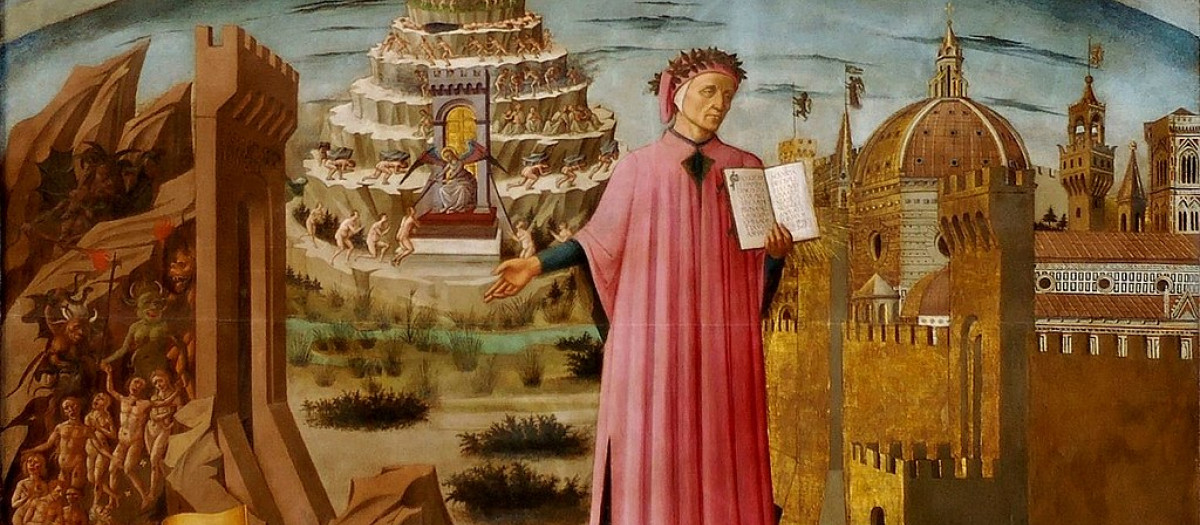 Dante y la Divina comedia pintura de Domenico di Michelino situada en la Catedral de Santa María del Fiore 1465